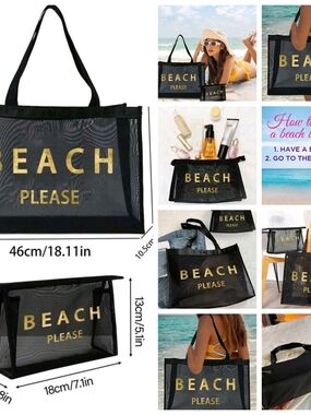 Beach Please Mesh Tote Bag - Black